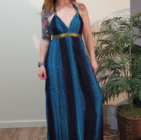 None Dresses & Skirts - Blue Stripe Goddess Gold Detail Flowy Vacation Halter Maxi Dress Size Med
